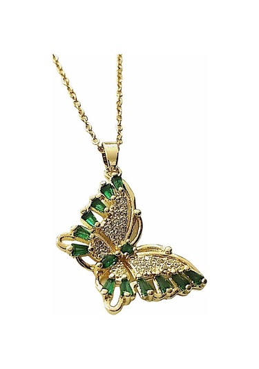 Çelik Bayan Kolye Zirkon Yeşil Taşlı Kelebek Altın Renk Çelik