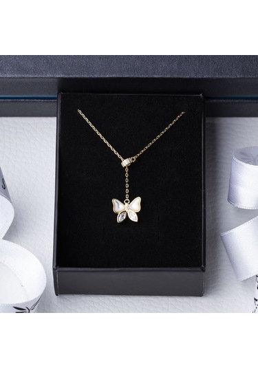 Kelebek Sedef Zirkon Taşlı Gold Rengi Model 925 Ayar Gümüş Kadın Kolye Gold