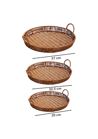 Porsima 710-c Yuvarlak 3'lü Hasır Tepsi Dekoratif Sunum Tepsisi