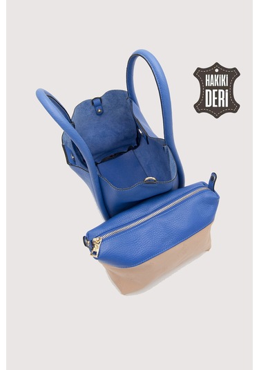 Hakiki Deri Kadın Organizerlı El Çantası Mavi Smr9206 Mavi
