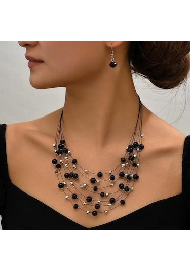 Novahub Siyah Bohemia Inci Kristal Boncuklar Kolye Küpe Kadınlar İçin Takı Seti Moda Çok Katmanlı Kordon Boho Gerdanlık Yakası Vintage Aksesuarları Siyah Siyah