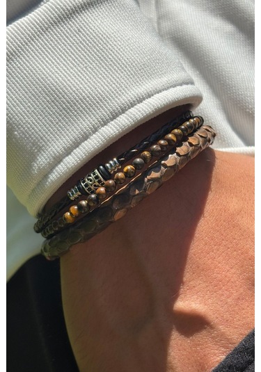 Doğal Taşlı Yılan Derisi Desenli El İşçiliği İle Üretilmiş Hakiki Deri Erkek Bileklik Koyu Kahve