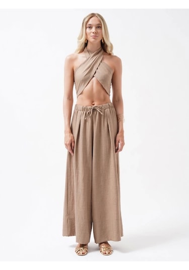 Defymoda Çapraz Bağlamalı Keten Crop Bej