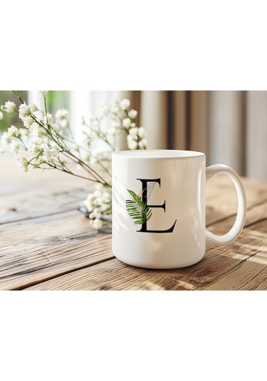 E Harf Zarif Yaprak Desenli Kupa Bardak - Naturel Sade Alfabe Harfli Bardak - Kişiye Özel Hediye Beyaz