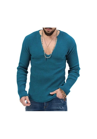 Erkek Örgü Kazak Derin V Yaka Nervürlü Uzun Kollu Düz Renk Slim Fit Yumuşak Sıcak Sonbahar Kış Rahat Erkek Kazak Üst Kazak Triko Mavi