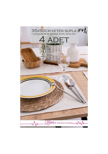 4 Adet 35x50cm %100 Ham Keten Amerikan Supla, Pamuklu Düz Supla, Organik Keten Dekoratif Supla Bej