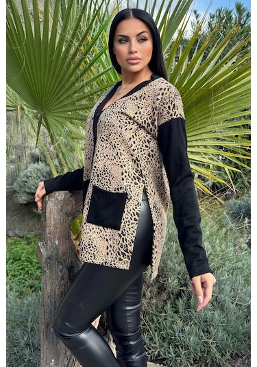 WeShaya Bej Leopar Desen, Siyah Cep Ve Kol Detaylı Yırtmaçlı Örme Hırka Leopar
