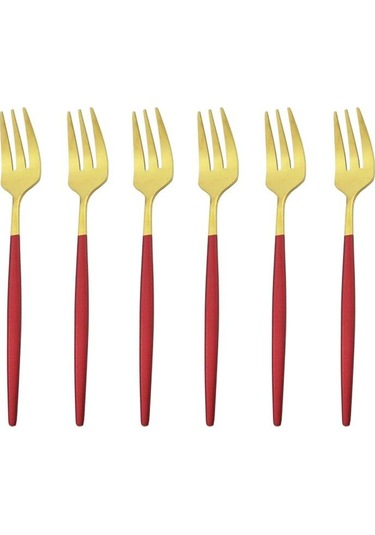 Kırmızı Ve Altın 6 Adet Renkli Çatal Seti Çay Kek Aperatif Çatal Yemek Takımı Çatal Bıçak Tak Çelik Çatal Bıçak Kaşık Tk. 56513159