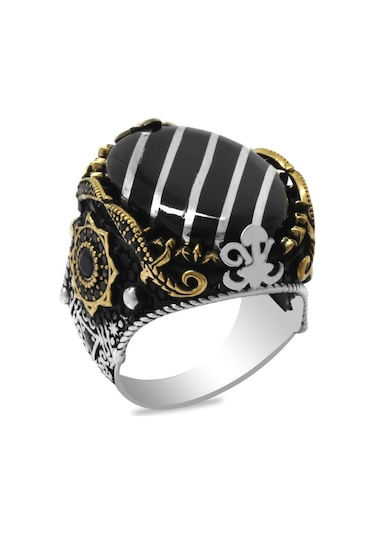 Erzurum Oltu Taşı Üzerine Gümüş Çapraz Şerit İşlemeli Koleksiyonluk 925 Ayar Gümüş Erkek Yüzük Gümüş