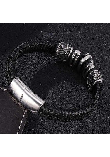 Punk Maça Kafatası Takı Erkek Bileklik Charm Paslanmaz Çelik Bilezikler Siyah Geniş Örgülü Erkek Deri Bileklikler Siyah
