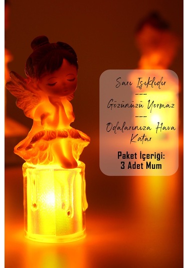 3lü Led Mum Kanatlı Melek Tip Dumansız Pilli Alevli Dekoratif Yapay Mum Işıldak Mor 1037-7