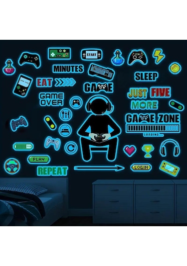Geekyou Oyun Odası Dekorasyonu Işıklı Oyun Sticker'ları - Kontrolcü, Konsol, Motivasyonel Sözler İle Oyuncu Odası Ve Yatak Odası Duvar Dekoru 30x20 Cm Beyaz