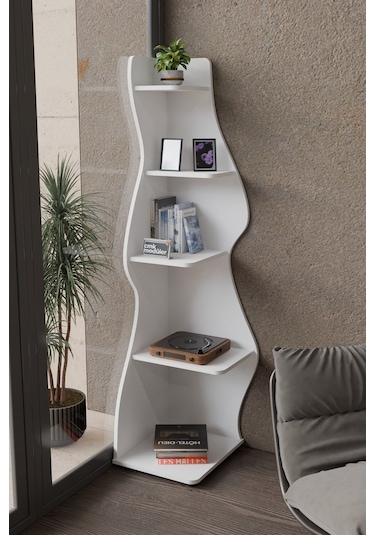 Wave 5 Raflı Dekoratif Kitaplık Dosya Rafı 180 Cm Kitaplık Beyaz