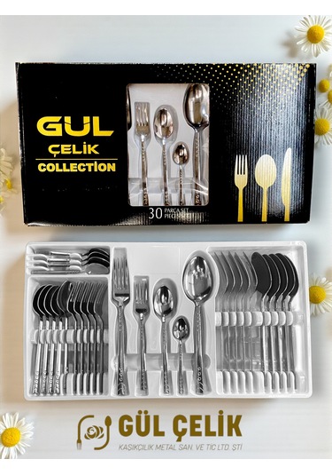 30 Parça 6 Kişilik Çatal Kaşık Seti Boncuk Model Kutulu 18/0 Kalite Çelik