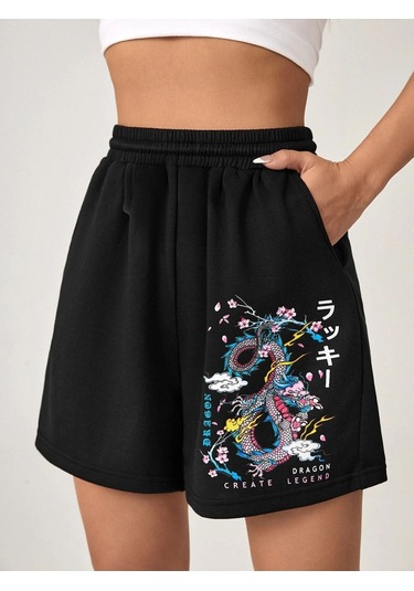 Siyah Kısa Renkli Dragon Şort - Penye Baskılı Kordonlu Siyah