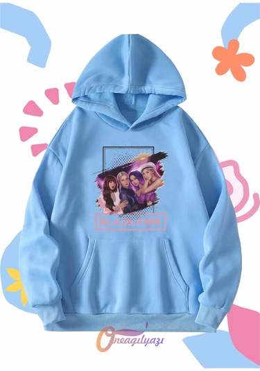 Çocuk Unisex Blackpink Kızlar Baskılı Oversize Kapüşönlü Sweatshirt Mavi