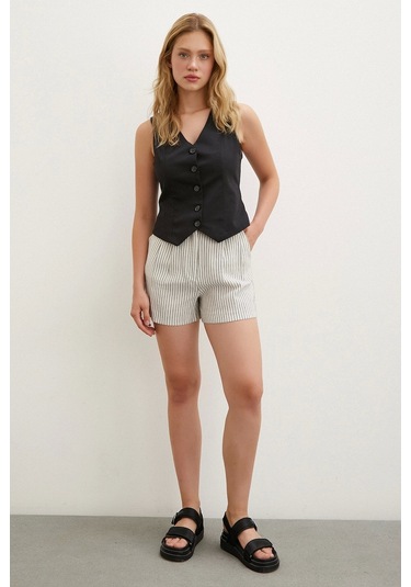 Never More Çizgili Cepli Şort Bej
