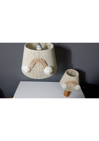 Ekru Makrome Avize Abajur Set Ahşap Boncuklu Bebek Çocuk Odası E27 Uyumlu Ekru