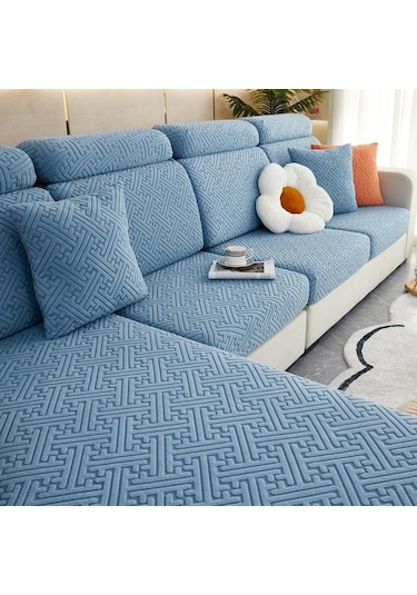 Mavi Peluş Kanepe Koltuk Kılıfı Oturma Odası İçin Köşe Kanepe Seti Plus L 3 Seater