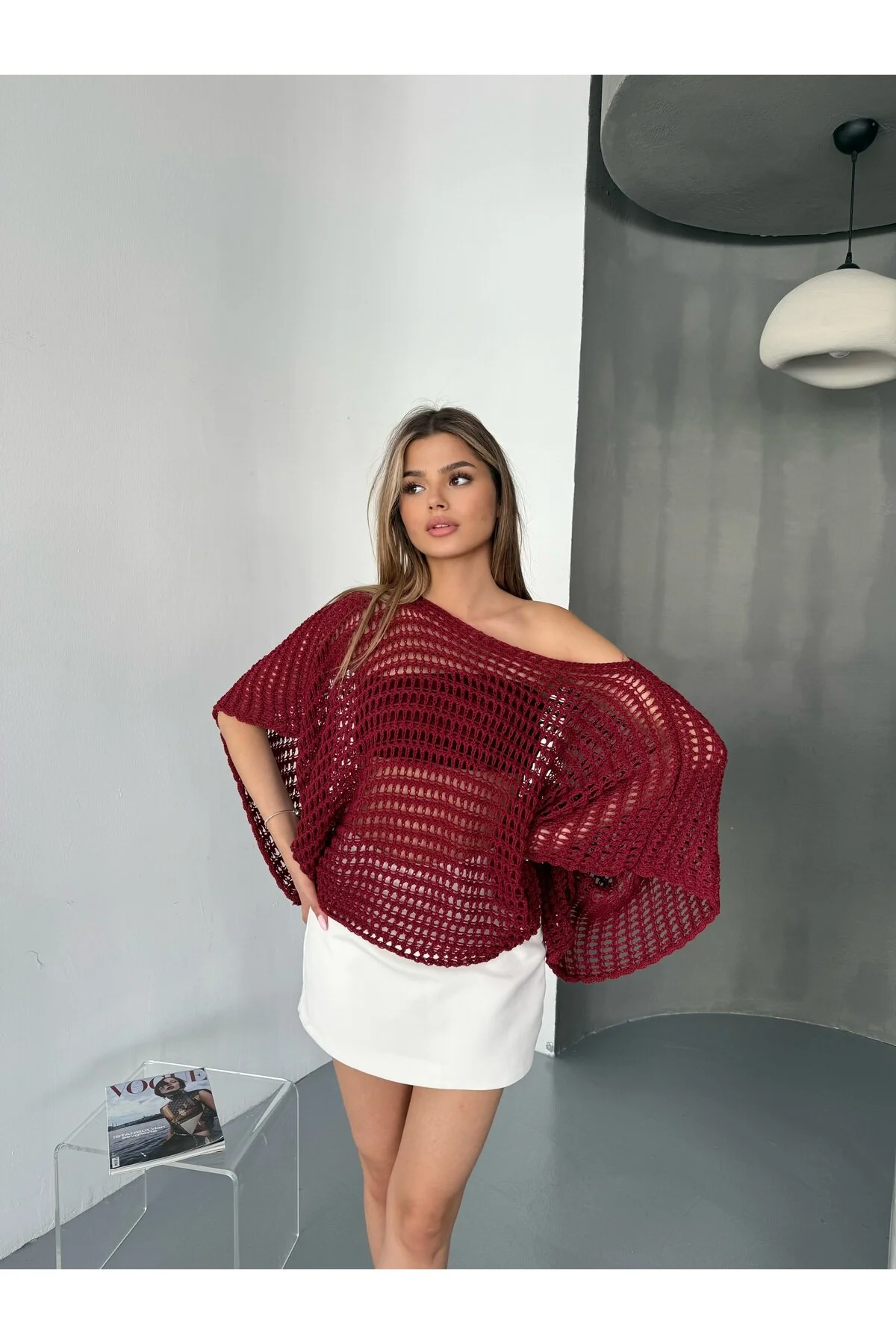 Lea Yazlık Yarasa Kol Dökümlü Triko Pamuk Bluz Açık Bordo