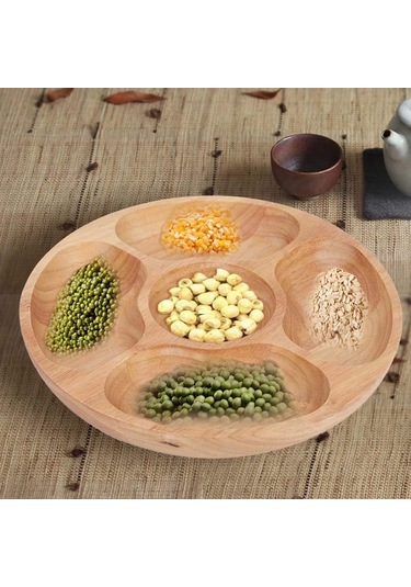 Yuvarlak Bölmeli Tabak, Alt Izgara Tabak Ahşap Yuvarlak Şekilli Yiyecek Bölmeli Tabak Tatlı Atıştırmalık Alt Izgara Tabak Sofra Takımı Tepsi