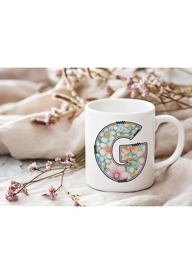 G Harfli Pastel Çiçek Desenli Kahve Kupası - Kişiye Özel Çiçekler Koleksiyonu Bardak - Hediye Beyaz