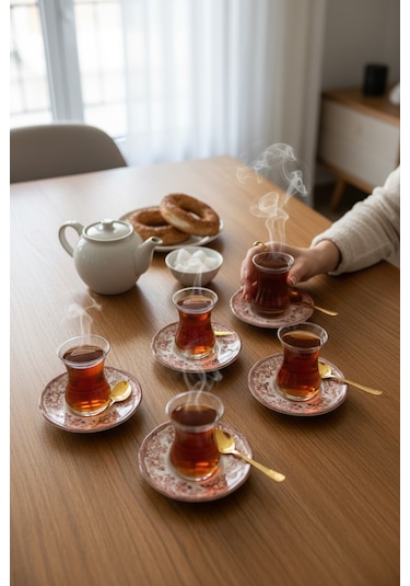Akayev Porselen Vintage Maroon 6 Parça Çay Tabağı Kırmızı