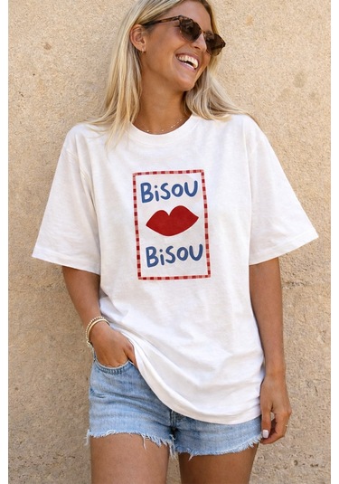 Kadın Premium Kumaş Baskılı Pamuklu Oversize T-shirt Ekru