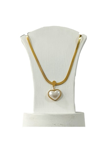 Çelik Bayan Kolye Bombe İnci Kalp Altın Renk Çelik