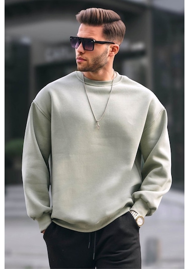Madmext Mint Yeşili Bisiklet Yaka Oversize Şardonlu Basic Erkek Sweatshirt 6048-mint Yeşili Mint