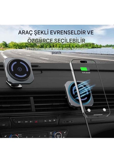 Magsafe Güçlü Manyetik 15w Hızlı Şarj Led Işıklı Araç Telefon Tutucu