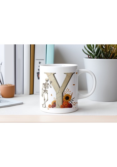 Y Harfi Pembe Kareli Kalpli Göz Emojili Kupa Bardak Eğlenceli Kareli Tasarım Kahve Çay Kupası Beyaz