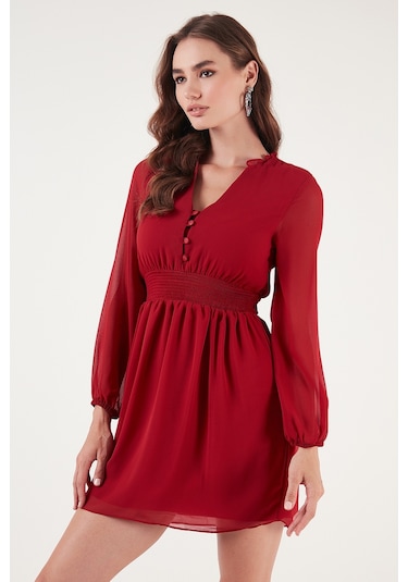 Lela V Yaka Regular Fit Gipeli Düğme Detaylı Şifon Mini Bayan Elbise 611El01433 Kırmızı Lela V Yaka Regular Fit Gipeli Düğme Detaylı Şifon Mini Bayan Elbise 611El01433 Kırmızı
