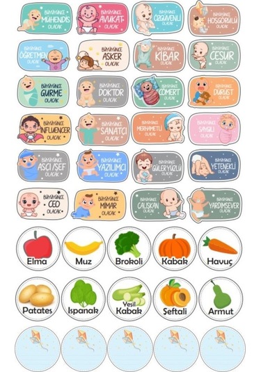 Digithome 39 Adet Değerler Meslekler Ve Meyveler Kavanoz Etiketi Sticker Seti