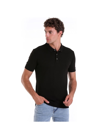 Hatemoğlu Siyah Regular Fit Jakarlı Pamuklu Polo Yaka Triko Tişört Siyah