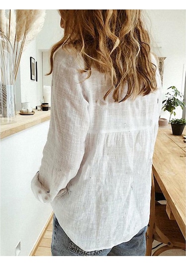 Kadın Moda Düğmeli Bluz Rahat İnce Uzun Kollu Üst Bayan Pamuklu Keten Baskılı Gömlek Sari