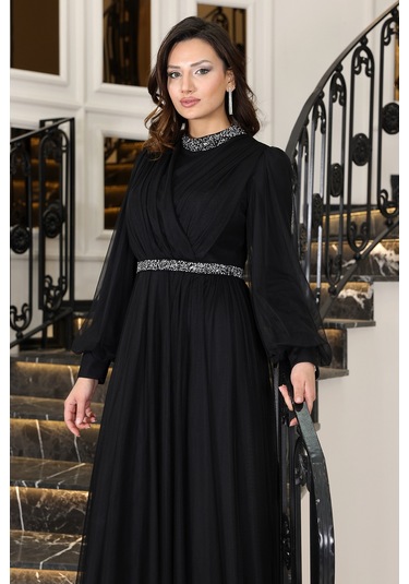 Senna Taş Detaylı Büyük Beden Şık Tesettür Abiye Siyah