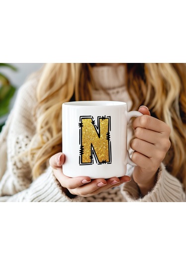 N Harfi Gold Simli Kupa Işıltılı Alfabe Harf Tasarımlı Kahve Kupası - Kişiye Özel Hediye Beyaz