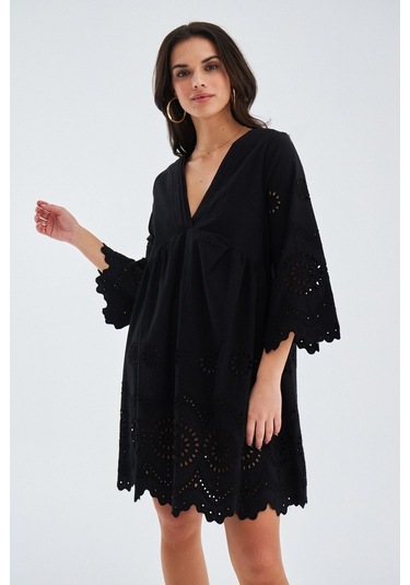 Peraluna Hiromi Dress %100 Pamuk 3/4 Kol Diz Hizası Yazlık Kadın Siyah