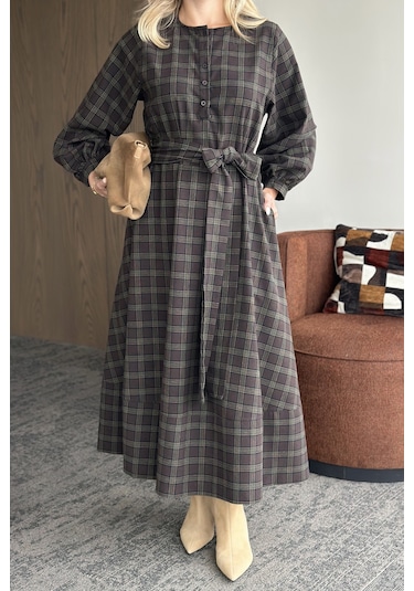 Haki Ekoseli Kuşaklı Uzun Elbise - 1235 Haki