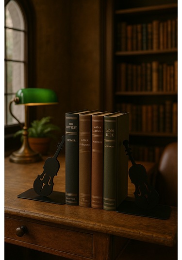 Çello Figürlü Metal Kitap Tutucu 2 Li Set Müzik Temalı Dekoratif Kitaplık Düzenleyici