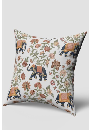 Beyaz Lacivert Etnik Fil Figürlü Kırlent Kılıfı Beyaz