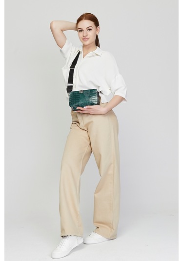 Morpelikan Yeşil Kroko İki Bölmeli Kadın Omuz Çantası Yeşil