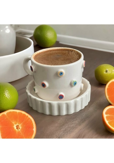 Kabartma Rengarenk Nazar Boncuklu Fincan