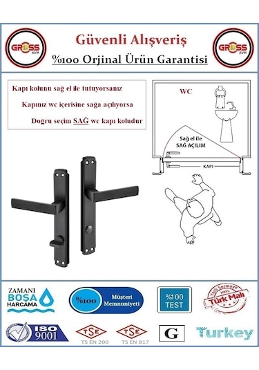 Lama Wc Banyo Kapı Kolu - Mat Siyah - 1 Takım Ön Ve Arka - Sağ