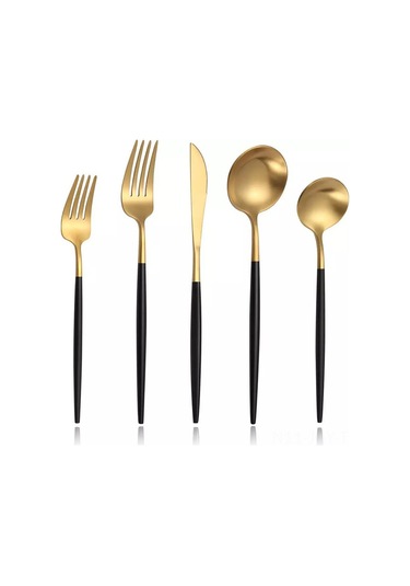 Youmex 304 Paslanmaz Çelik 5 Parça西餐 Seti - Biftek Bıçağı, Çatal, Tatlı Çatalı, Kaşık, Tatlı Kaşığı - Siyah Altın Rengi - Ev Kullanıma Uygun Altın - Siyah