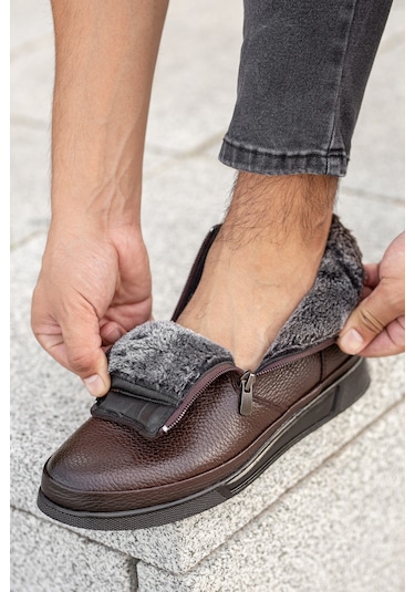 Garantili D472 Su Ve Soğuk Geçirmez Kürklü Ortopedik Hakiki Deri Erkek Bot Kahverengi