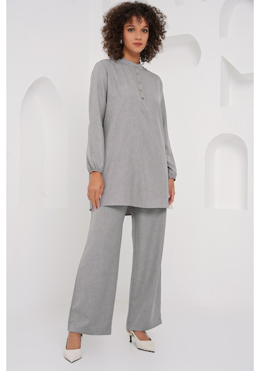 Bigdart 6678 Keten Tunik Pantolon İkili Takım - Gri