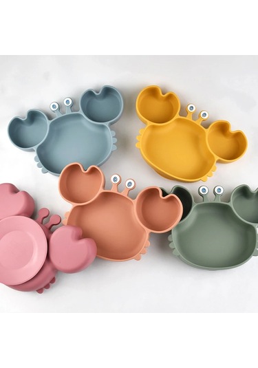 Bebek Güvenli Silikon Yemek Tabağı Emme Karikatür Çocuk Gri - Pembe