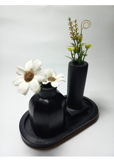 Tabaklı Dekoratif İkili Vazo Set Siyah Siyah